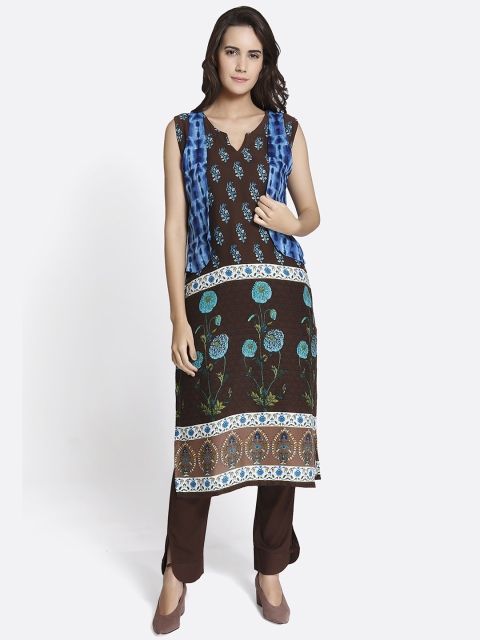 

shiloh Women Brown & Blue Printed Straight Kurta