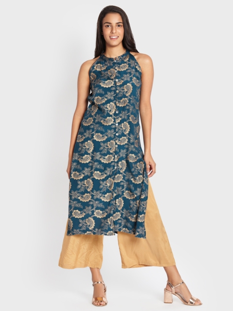 

Global Desi Women Blue Printed Straight Kurta