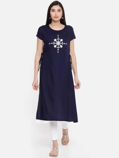 

Global Desi Women Navy Embellished Straight Kurta, Navy blue