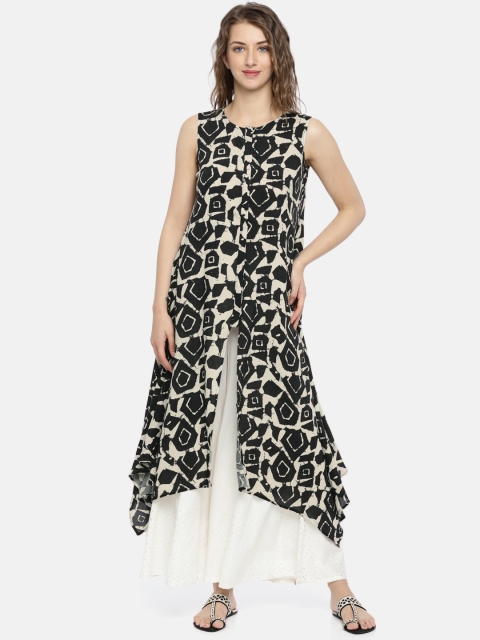 

Global Desi Women Black & White Printed A-Line Asymmetric Kurta