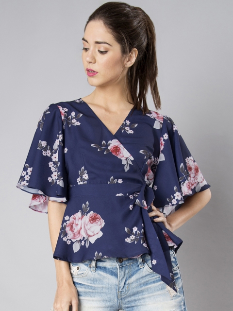 

FabAlley Women Navy Blue Printed Wrap Top