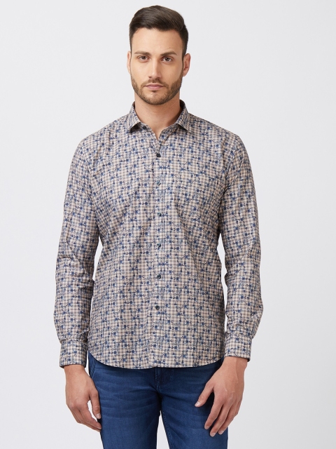 

Easies Men Khaki & Blue Slim Fit Printed Casual Shirt