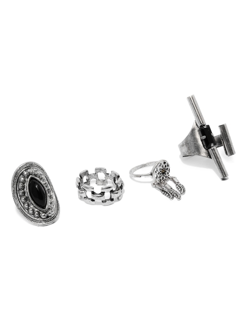 

Ayesha Set of 4 Metallic Silver-Toned Bohemian Rings