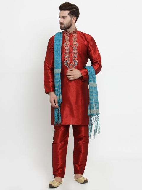 

Jompers Men Maroon & Blue Embroidered Kurta with Pyjamas & Dupatta