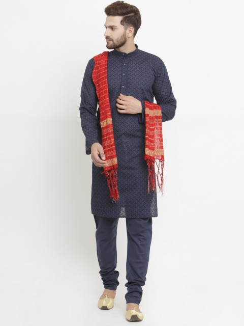 

Jompers Men Navy Blue & Red Self Design Kurta with Churidar & Dupatta