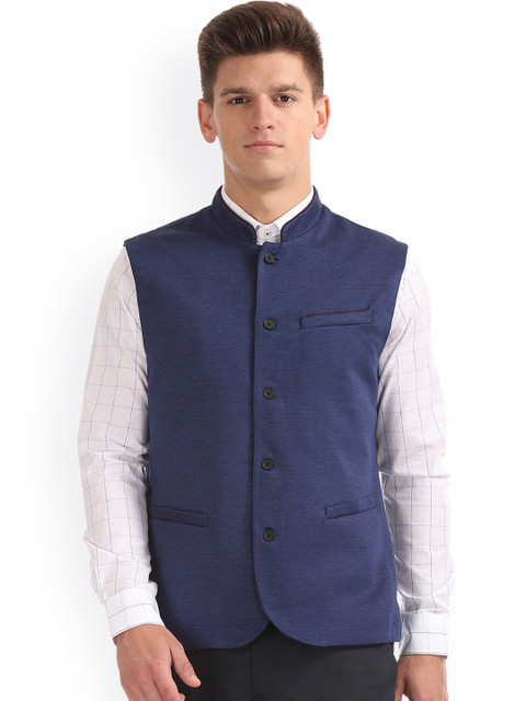 

Arrow Men Blue Solid Nehru Jacket