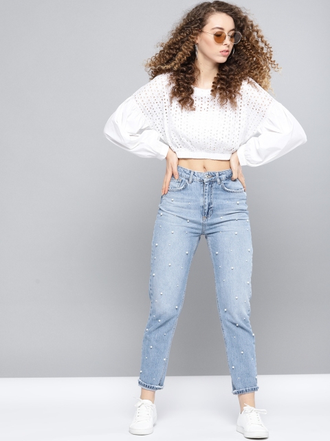 

VividArtsy Women White Schiffli Embroidered Cropped Blouson Top