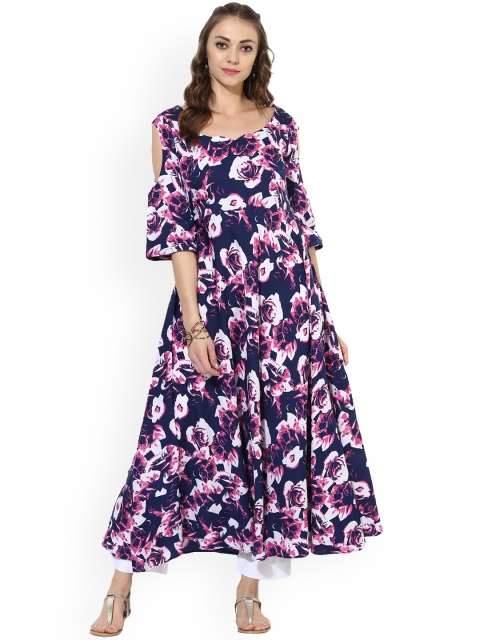 

MBE Women Navy Blue & Purple Printed Anarkali Kurta