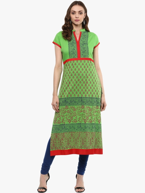 

MBE Women Green Block Print Straight Kurta