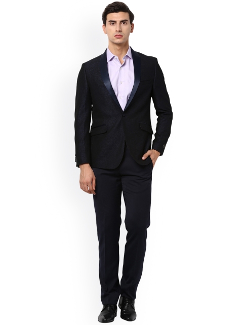 

Van Heusen Men Navy Blue Self-Design Single-Breasted Slim Fit Tuxedo Suit