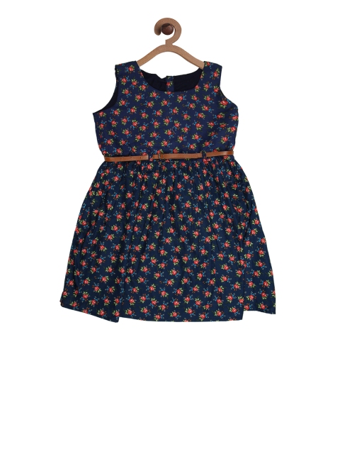 

CHUTPUT Girls Navy Blue Printed Fit and Flare Dress