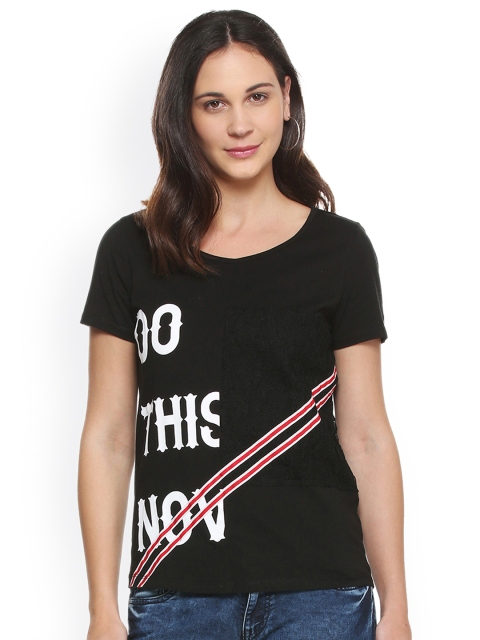 

People Women Black Printed Round Neck T-shirt