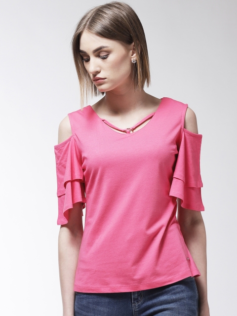 

Madame Women Pink Solid Cold-Shoulder Pure Cotton Top