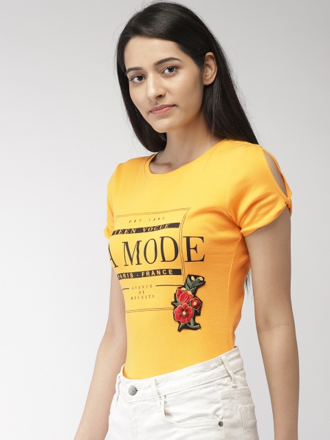 

Madame Women Mustard Yellow Printed Round Neck T-shirt