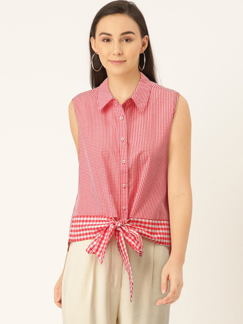 

Madame Women Red & White Regular Fit Checked Casual Shirt