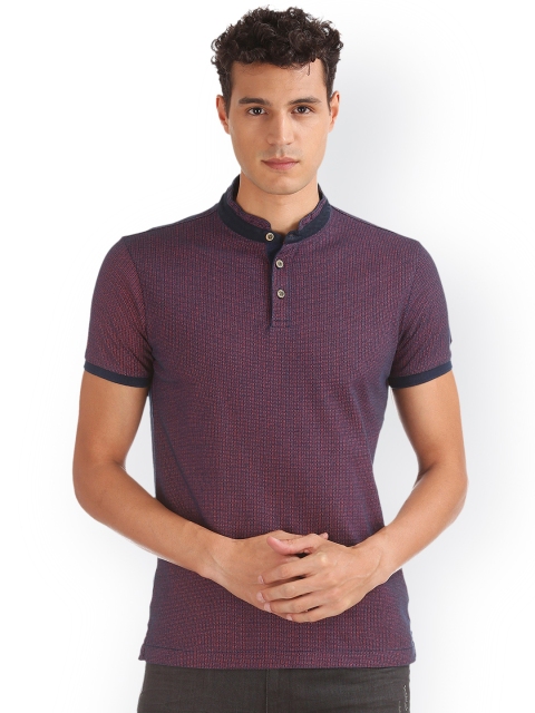 

Arrow Sport Men Purple Self Design Mandarin Collar T-shirt