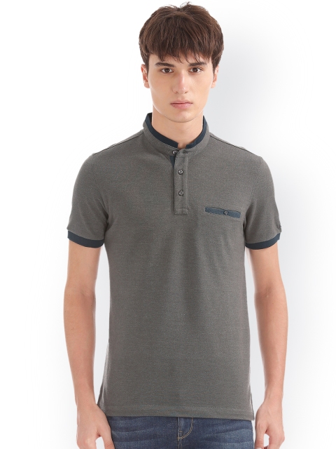 

Arrow Sport Men Grey Solid Mandarin Collar T-shirt