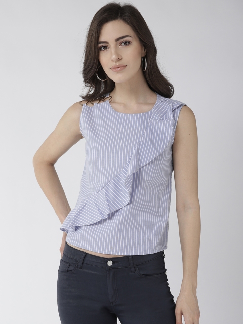 

Madame Women Blue & White Striped Ruffled Top