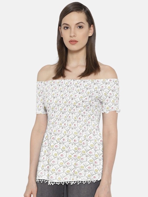 

Madame Women Off-White Printed Bardot Top