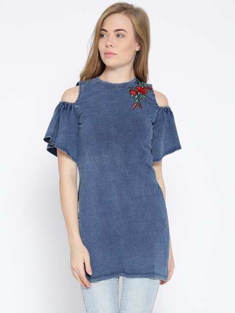 

Madame Women Blue Solid Chambray Cold-Shoulder Pure Cotton Top