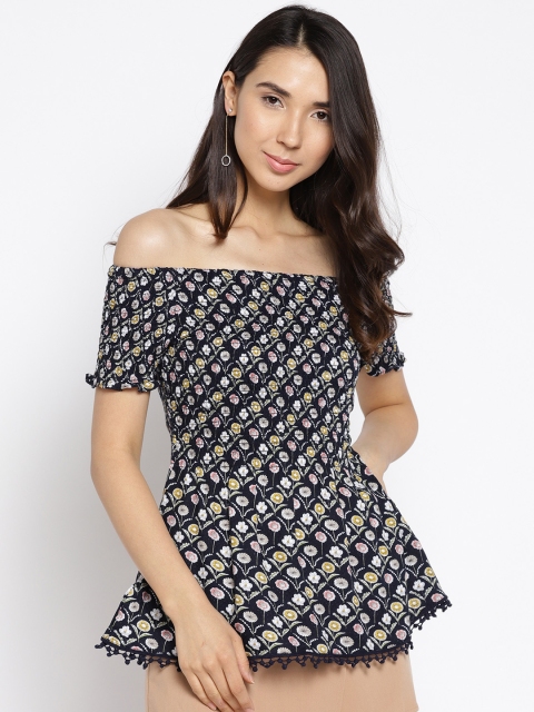 

Madame Women Navy Blue Printed Bardot Top