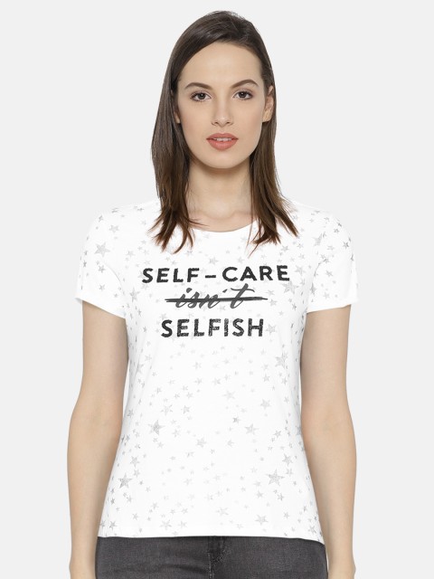 

Madame Women White Printed Round Neck T-shirt