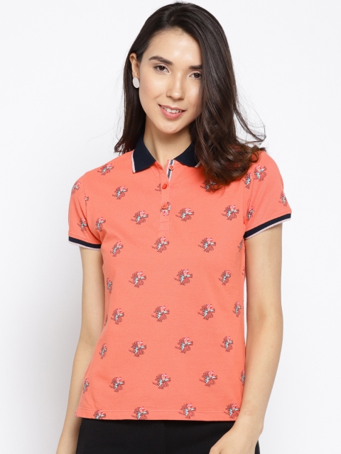 

Madame Women Coral Orange Printed Polo Collar T-shirt