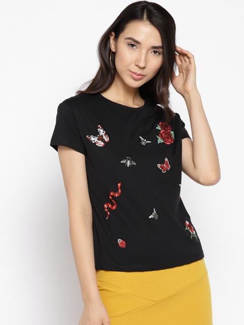 

Madame Women Black Round Neck T-shirt with Applique Detail