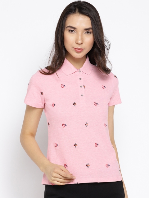 

Madame Women Pink Embroidered Polo Collar T-shirt