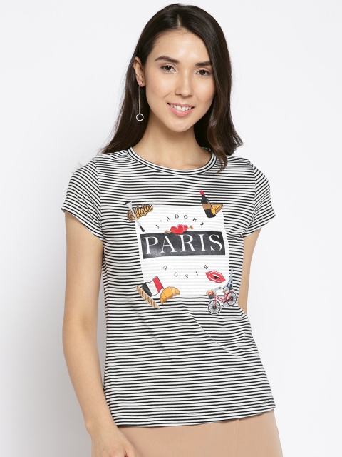 

Madame Women Black Striped Round Neck T-shirt
