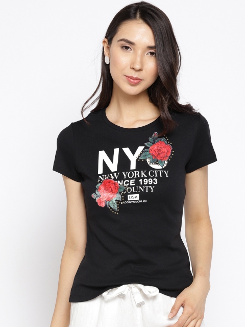 

Madame Women Black Printed Round Neck T-shirt
