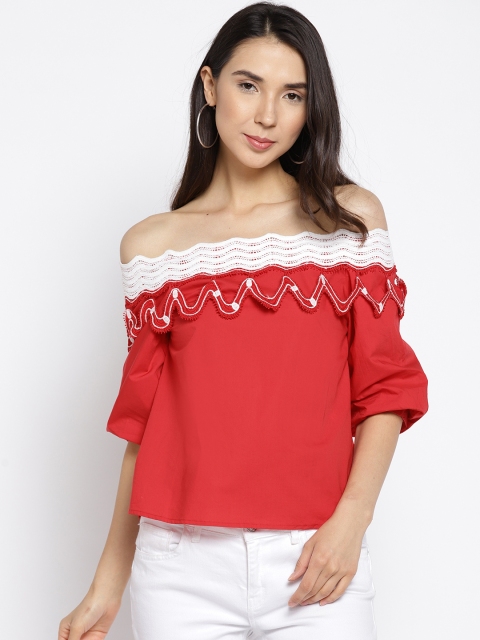 

Madame Women Red Solid Bardot Pure Cotton Top