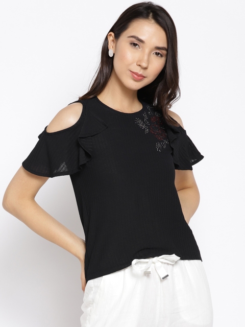 

Madame Women Black Self-Striped Cold-Shoulder Top