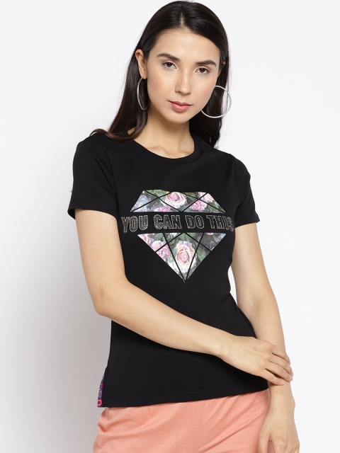 

Madame Women Black Printed Round Neck T-shirt