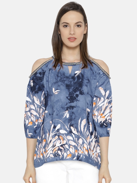 

Madame Women Blue Printed Cold-Shoulder Top