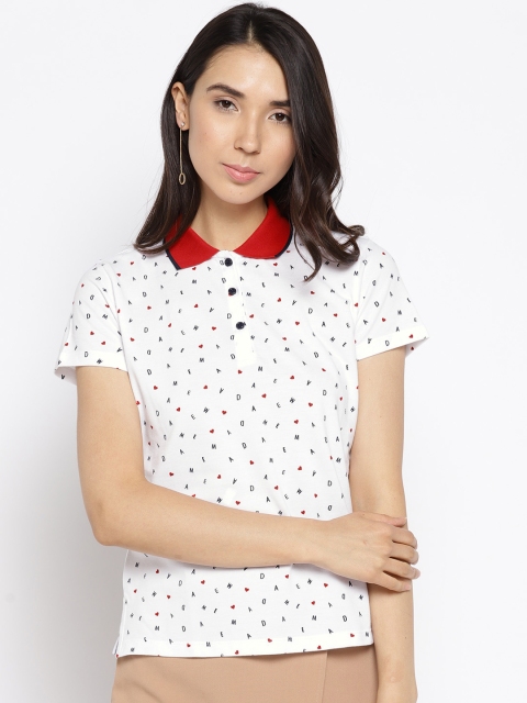 

Madame Women White Printed Polo Collar T-shirt