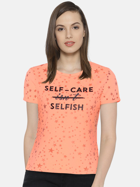 

Madame Women Peach-Coloured Printed Round Neck Pure Cotton T-shirt
