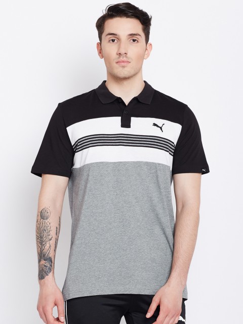 

Puma Men Black & Grey ESS Sports Striped Polo Collar T-shirt