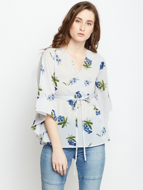 

Oxolloxo Women Off-White Printed Cinched Waist Top