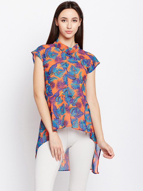 

Oxolloxo Women Orange & Blue Printed High-Low Tunic