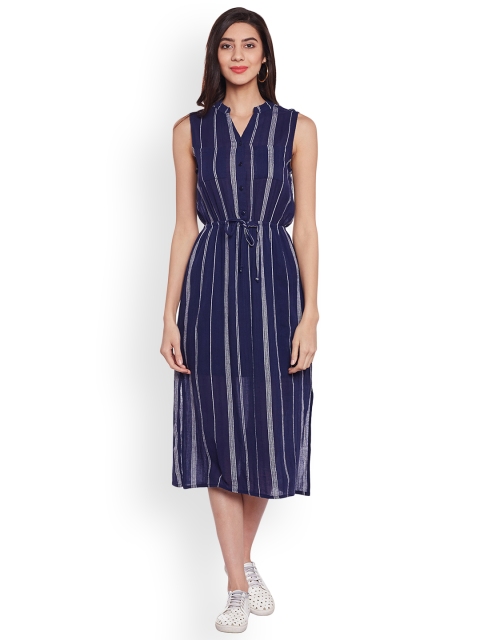 

Oxolloxo Women Navy Blue Striped Fit and Flare Dress