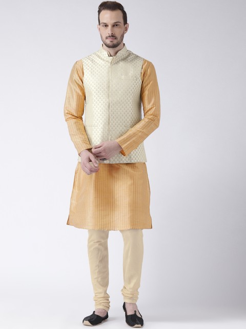 

KISAH Men Beige & Cream-Coloured Striped Churidar Kurta with Nehru Jacket