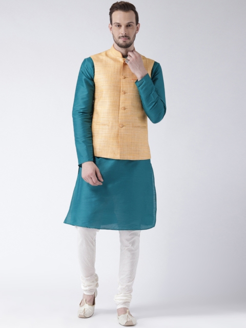 

KISAH Men Teal & Off-White Solid Kurta with Churidar & Jacket