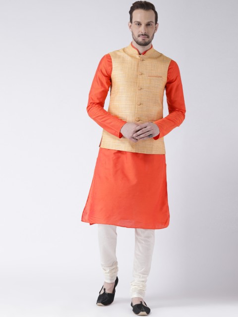 

KISAH Men Coral & Off-White Solid Kurta with Churidar & Jacket