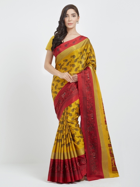 

Silk Bazar Gold-Toned & Red Poly Silk Printed Saree