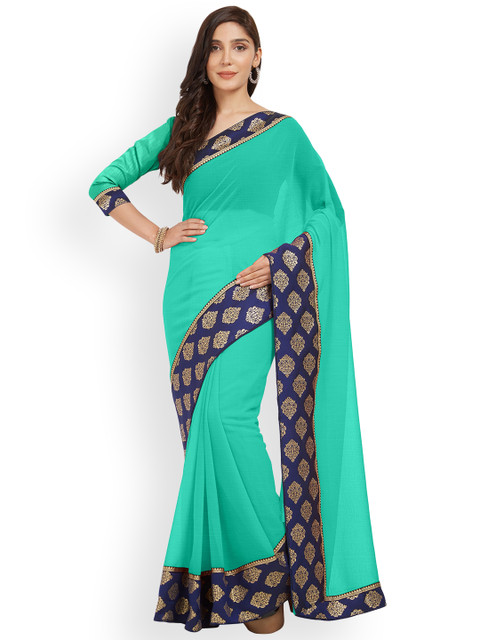 

Mirchi Fashion Sea Green & Navy Blue Poly Chiffon Solid Saree