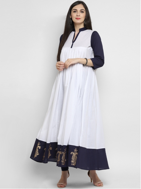 

MBE Women White & Navy Blue Printed Anarkali Kurta