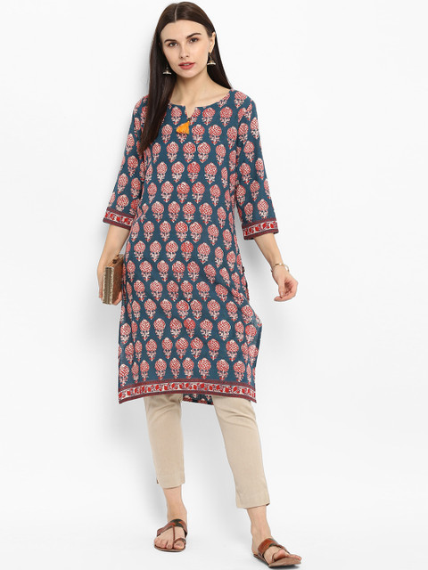 

Juniper Women Teal & Red Printed Straight Kurta