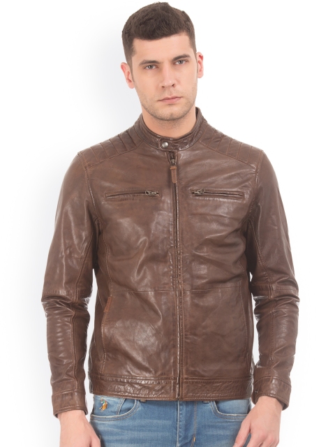 

U.S. Polo Assn. Men Brown Solid Leather Biker Jacket