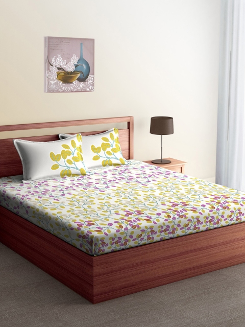 

SPACES White & Purple Floral Flat 144 TC Cotton 1 King Bedsheet with 2 Pillow Covers